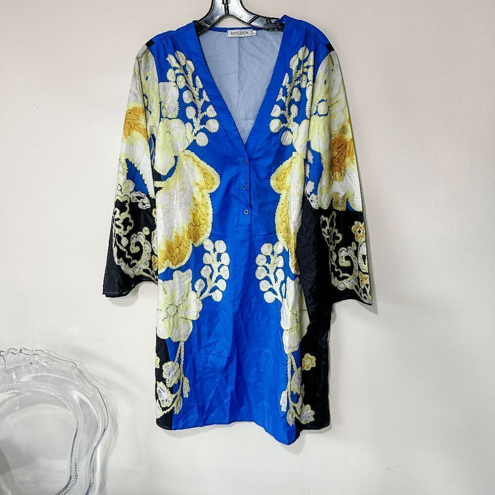 Brand New Women's Tunic Dress Cute Floral Printed Deep V Neck Long Sleeve Casual - Picture 1 of 10